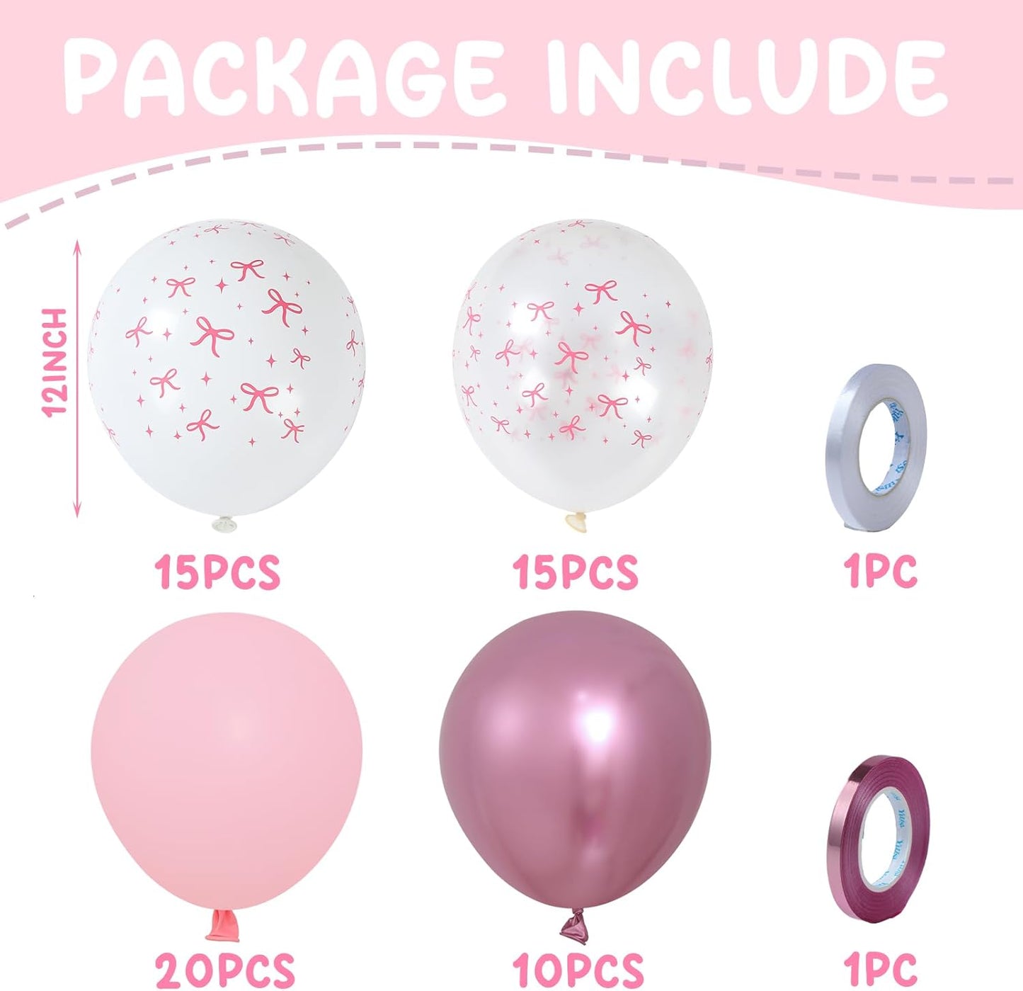 Netnology Pink Bow Balloons, 60Pcs 12 Inch Light Pink Metallic Pink Clear White Bow Balloon for Girls Women Princess Coquette Birthday Baby Shower Bridal Shower Wedding Bachelorette Party Decorations