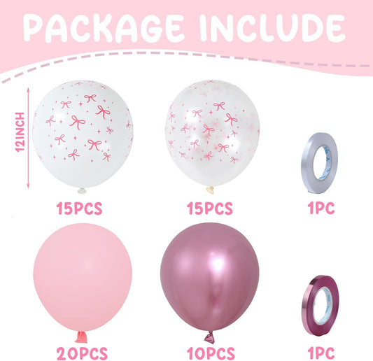 Pink Bow Balloons Set, 60 Pcs – Metallic Pastel Pink, Clear & White Bow Balloons for Coquette Birthday, Baby Shower & Bridal Party