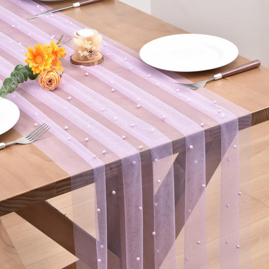 Lilac Pearl Fall Thanksgiving Table Runner Boho Rustic Tulle Lace Table Runner for Baby Shower Wedding Arch Decor Veil Dessert Table Decor