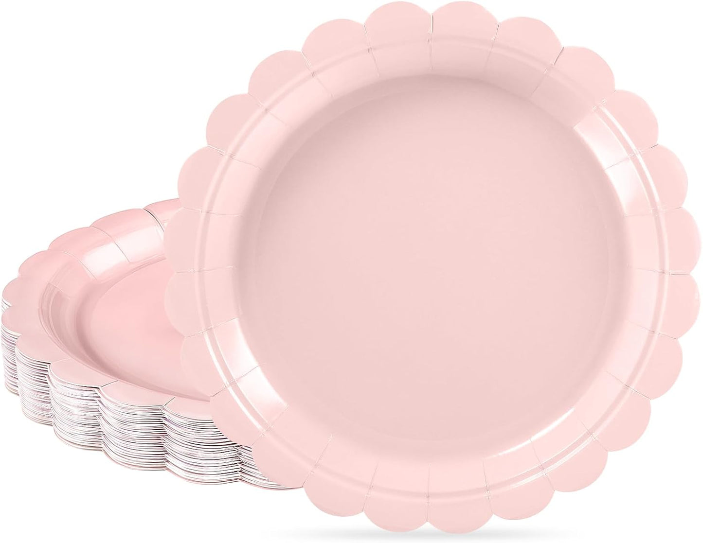 30 Pcs Dessert Plates Disposable, 7 Inch Pink Cake Plates Scalloped Small Appetizer Birthday Plate Fancy Pink Party Plate for Wedding, Bridal Baby Shower