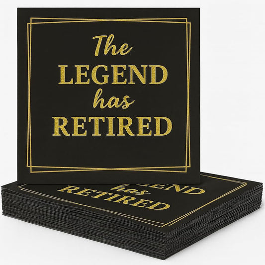 50‑Pack ‘The Legend Has Retired’ Black & Gold Napkins – 2‑Ply Cocktail, Lunch & Dinner Party Napkins – Elegant, Disposable Retirement Party Decoration – 6.5″ x 6.5″ Folded (Large, 50, Pack)