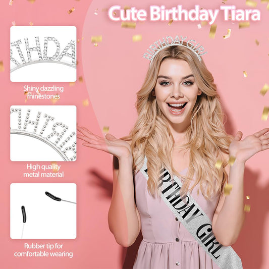 Birthday Sash Birthday Crown for Women, Birthday Girl Sash, Birthday Girl Crown, Glitter Silver Birthday Sash and Crown Rhinestone Headband Set, Happy Birthday Girl Princess Tiara Sash Accessories