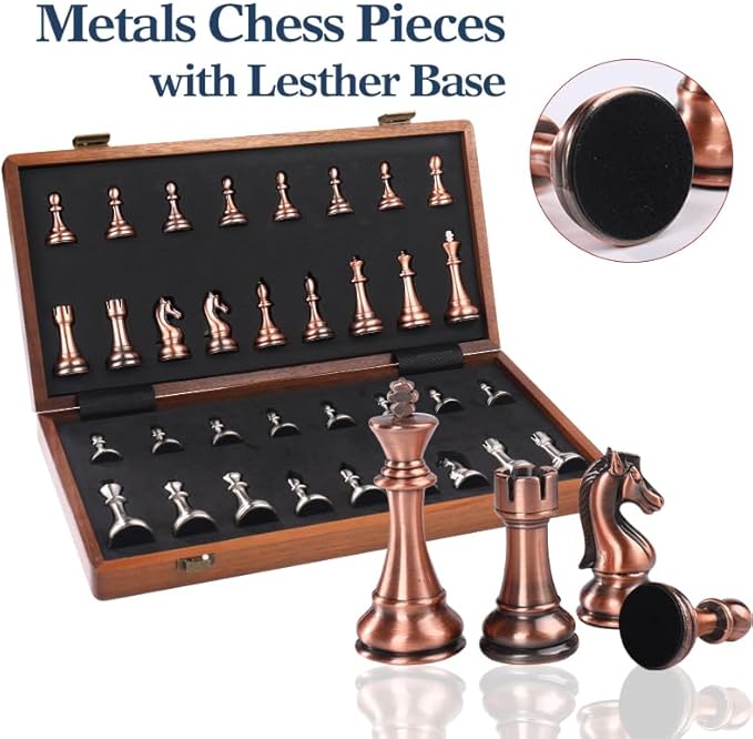 15 Inch Walnut Chess Board Set for Adults Kids Metal Chess, Folding Portable Travel Chess Game for Tournament Professional Beginner with Manual