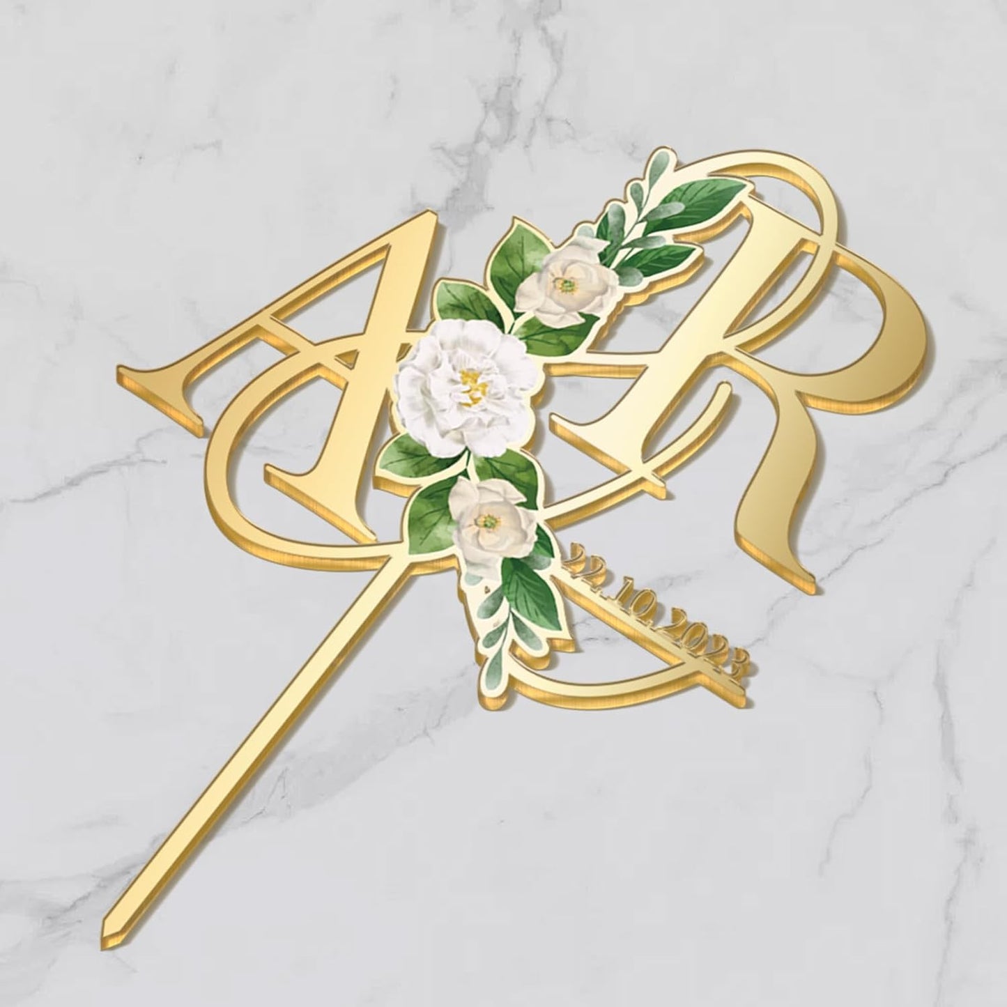Personalized Wedding Cake Topper in Acrylic Custom Initials & Date Wedding Cake Decoration Printed with Flowers & Green Leaves