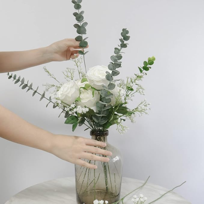 DEEMEI 18pcs Babys Breath Artificial Flowers Fake Eucalyptus Leaves Flowers Bouquet Artificial White Gypsophila Bouquets Real Touch Faux Flowers for Wedding Floral Arrangement Party Home Decoration