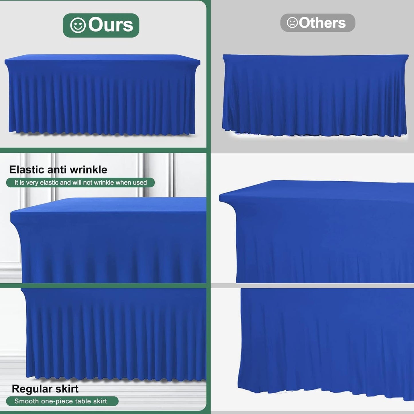 Table Skirt for 4 Foot Tables - One-Piece Royal Blue Tablecloths and Skirt, Wrinkle Resistant Ruffles Elastic Cover for Banquets, Weddings, Events, Parties