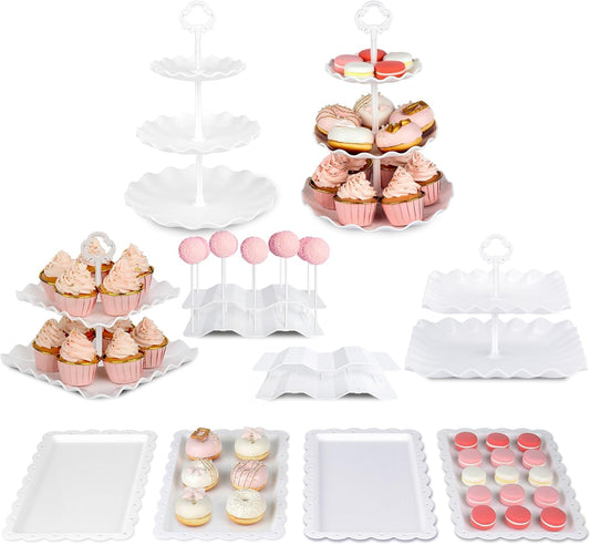 Pack of 10 NWK Dessert Stand Set with 2X Large 2-Tier and 2X Large 3-Tier Cupcake Stands, 4 x Appetizer Trays, 2 x Cake Pop Stands, for Birthday Baby Shower Party Decorations