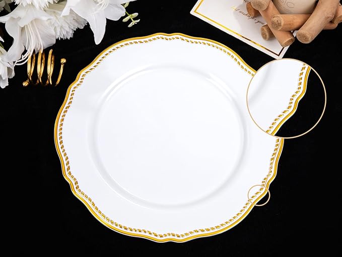 Hioasis 60pcs Gold Plastic Plates - White and Gold Disposable Dinnerware with Gold Rim, Heavy-duty, 10 inch, Dinner Plates for Party & Wedding