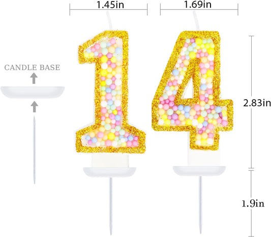14th Birthday Candle for Cake, Colorful Macaron Numeral Candles for Girls/Boys, Birthday Party Cake Decorations, Golden Cake Topper for Birthday Party Supplies (Number 14)