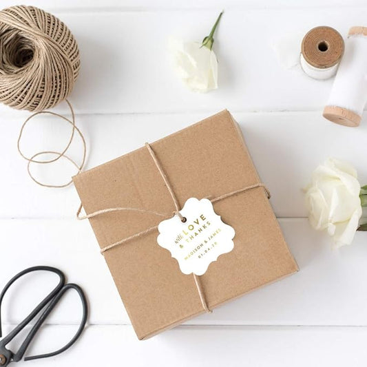 Andaz Press Personalized Fancy Frame Square Wedding Gift Tags, Metallic Gold Ink, with Love and Thanks, 24-Pack, Custom Made Any Name