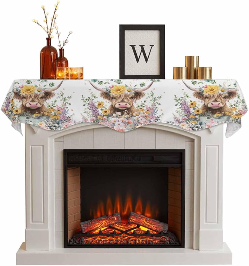 Spring Cow Floral Fireplace Mantel Scarf Table Runner, Green Eucalyptus Leaves Botanical Winter Garland Mantel Top Tablerunners Dresser Scarves Cover for Windows Party Living Room 60''x17''