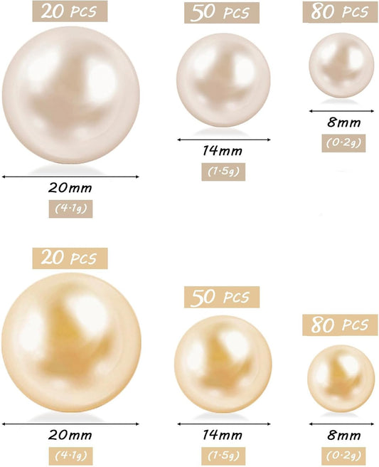 300Pcs Cream&Gold Polished No Hole Faux Pearl Beads for Vase Filling Decorations, Plastic Pearls Vase Fillers, Table Scatters, Wedding Centerpiece, Home Decor, 8/14/20 mm
