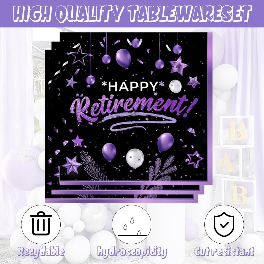 141pcs Retirement Party Decorations,Black and Purple Party Disposable Tableware,Includes Dinner Plate Dessert Plate Paper Napkin Cup Knife Fork Straws Tablecloth Black Purple Retirement Supplies set