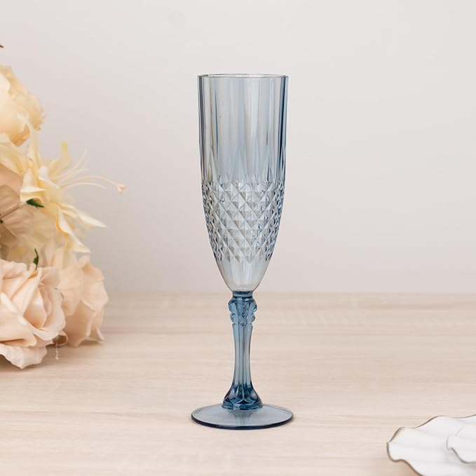 Efavormart 6-Pack Champagne Glasses, 8oz Shatterproof Plastic Crystal Cut Toast Flutes, Dusty Blue for Party Celebration Wedding