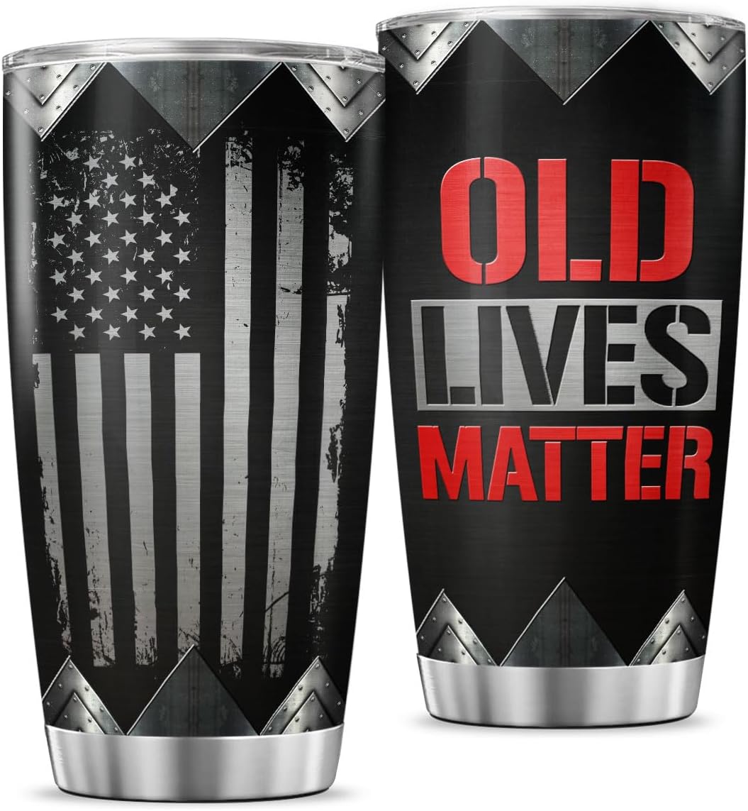 Old Lives Matter Patriotic Tumbler, Funny American Travel Cup 20oz, Stainless Steel Insulated Mug for Dad Grandpa Retirement Gift, Hot Cold Drinkware for Men