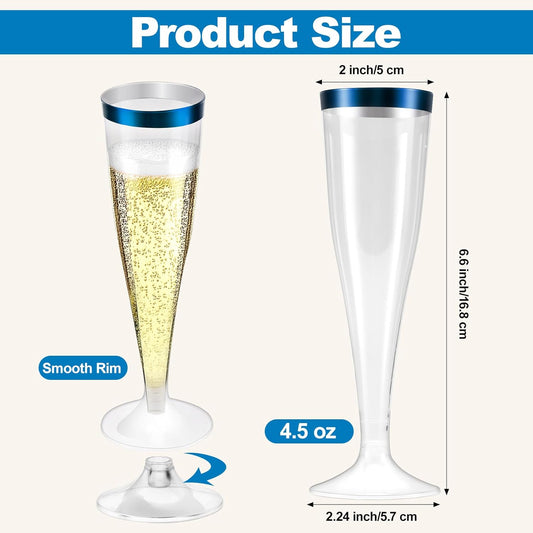 100 Pack Plastic Champagne Flutes,4.5 oz Plastic Glasses,Clear Disposable Champagne Flute,Toasting Glasses for Party Wedding Thanksgiving Day Christmas Party Cocktail Cups(Blue)