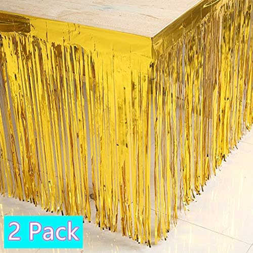 Set of 2 Metallic Foil Fringe Table Skirt 29x108 Inch Tinsel Disposable Skirting for Parade Floats Trailer, Mardi Gras Party, Birthday, Baby Shower, Wedding (Gold)