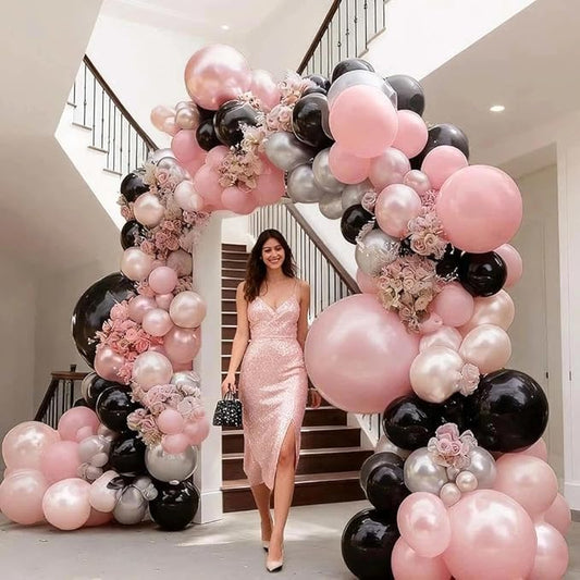 Pearl Pink Black Balloon Arch Kit, Double Stuffed Pastel Baby Pink Blush Silver Balloon Garland for Baby Shower Birthday Bridal Wedding Graduation Mothers Day Women Bachelorette Party Decoration
