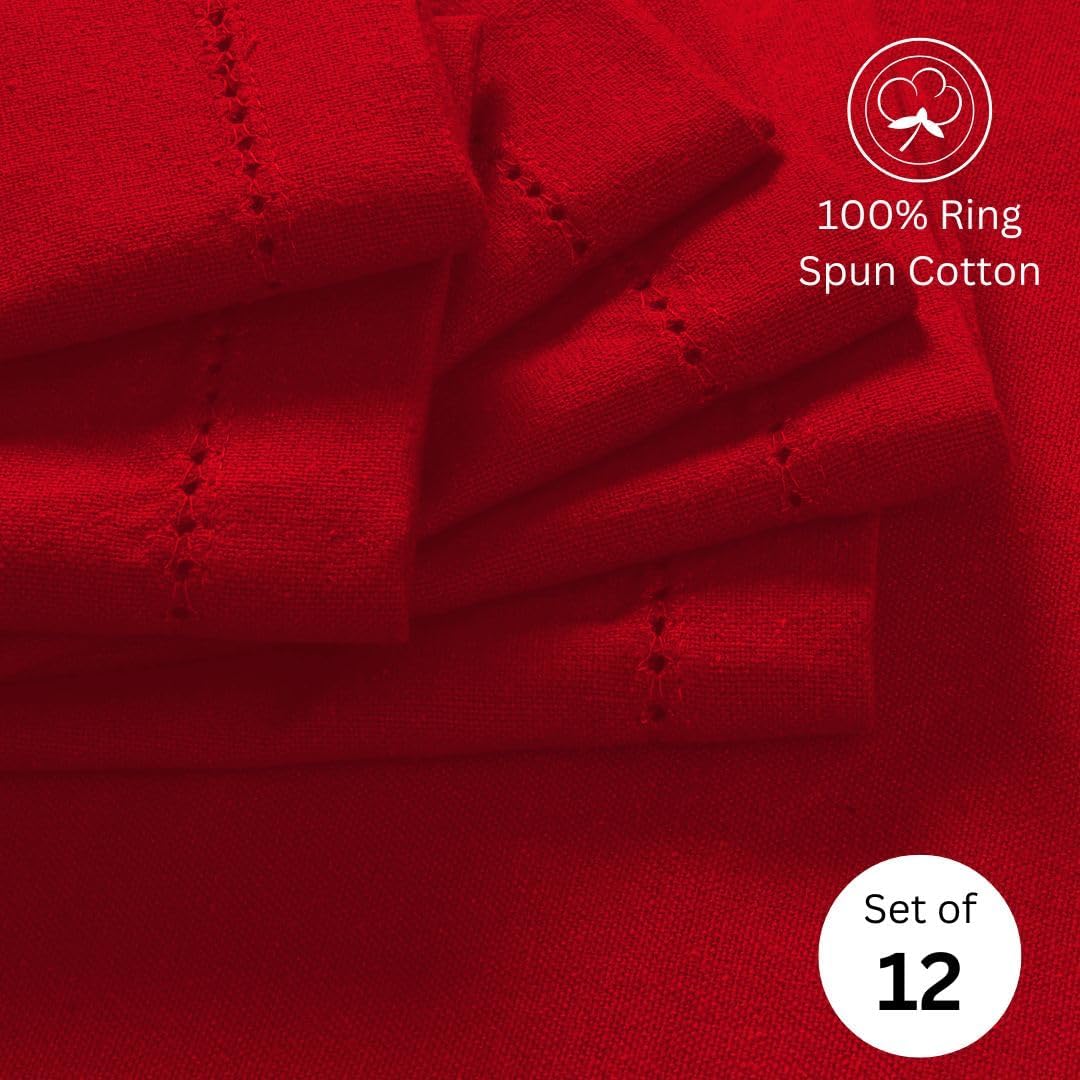 Hemstitch Cloth Dinner Napkins 100% Cotton Set of 12 - for Dining Special Occasions Weddings Parties Holidays Easter - Soft Durable Reusable - Elegant 18x18 Inch Table Cloth Napkins Red