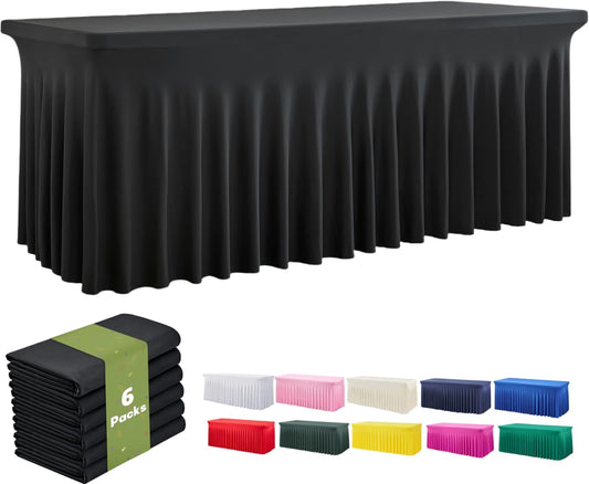 leegleri 6 Pack Black Spandex Table Cloths for 6 Foot Rectangle Tables, Wrinkle Free Fitted Stretch Tablecloths 6ft, Black Banquet Tablecloth with Skirt for Parties Weddings Birthday