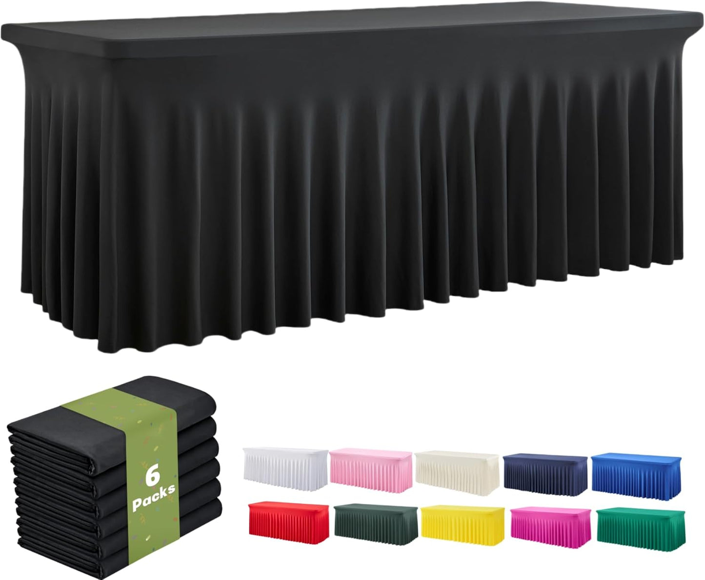 leegleri 6 Pack Black Spandex Tablecloths for 8 Foot Rectangle Tables, Wrinkle Free Fitted Table Cloths 8ft Stretchy Table Cloth Cover with Skirt for Parties Weddings Birthday Banquet Baby Shower