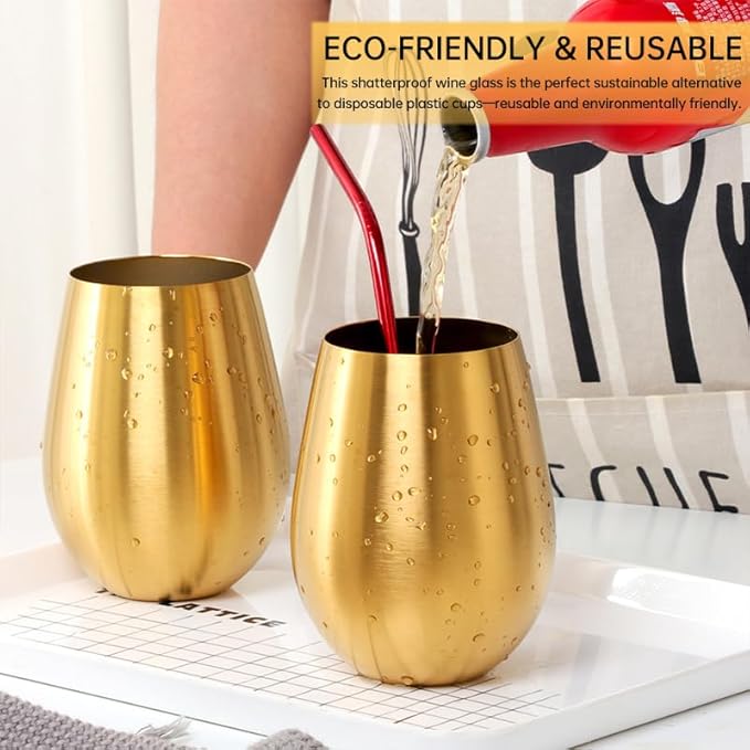 Buyer Star 304 Stainless Steel Wine Glasses Set of 4 - Large 17 oz Outdoor Stemless Wine Tumblers - 100% Unbreakable & Stemless Metal Drinking Cups for Home and Outdoors Dishwasher safe (Gold)