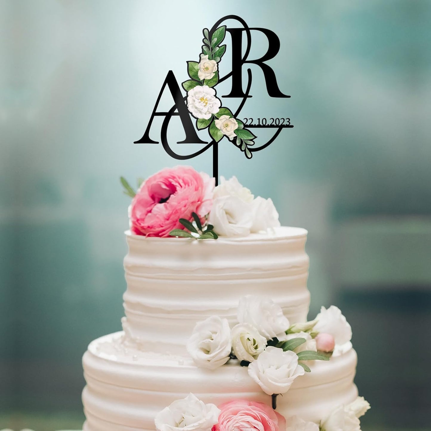 Personalized Wedding Cake Topper in Acrylic Custom Initials & Date Wedding Cake Decoration Printed with Flowers & Green Leaves