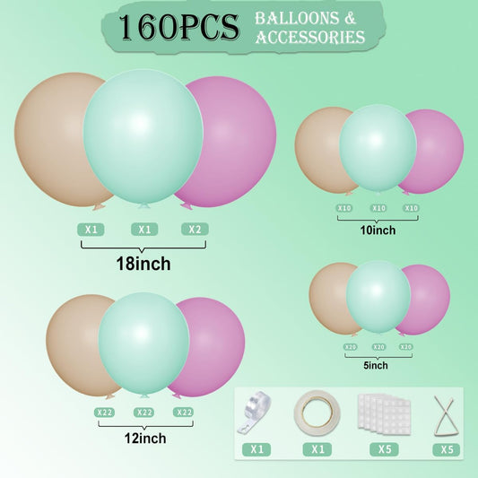 Dusty Purple Green Nude Balloon Garland Arch Kit, 160Pcs Boho Blush Pastel Green Light Brown Balloons for Baby Shower Birthday Wedding Wildflower Party Decoration
