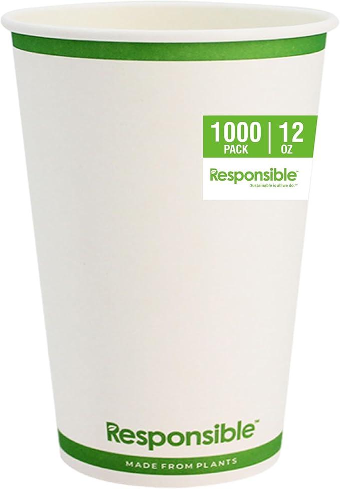 Responsible Products 12 oz Paper Hot Cups, Tree-Less™ Compostable Paper Coffee Cups, Extra Strength, Tree-Free and Made Without PFAS, White (1000 Count)