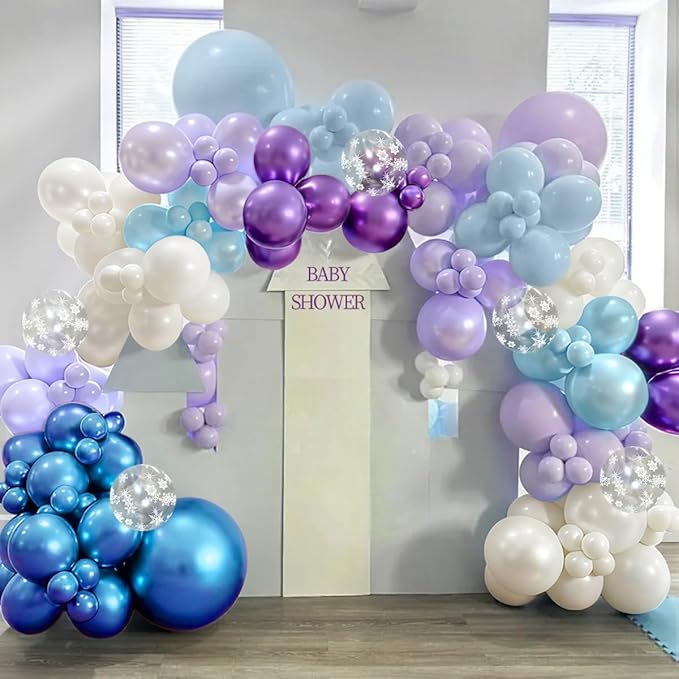 167Pcs Purple Blue Balloons Garland Arch Kit with Snow Confetti Different Sizes 18 12 10 5 inch for Princess Winter Wonderland Girl Baby Shower Birthday Wedding Party Decorations
