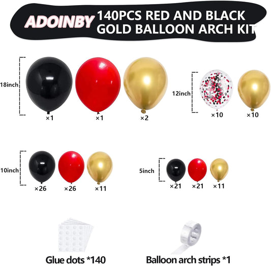Red and Black Gold Balloons Arch Kit, 140Pcs Different Sizes inch Red Black Gold Balloon and Confetti Party Balloon Garland Kit for Birthday, Wedding, Graduation, Anniversary, Prom Decorations