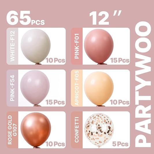 PartyWoo Dusty Pink Balloons 65pcs 12 Inch Blush Rose Pink Metallic Rose Gold Nude Boho White Sand Confetti Balloons for Baby Shower Birthday Gender Reveal Wedding Anniversary Party Decorations