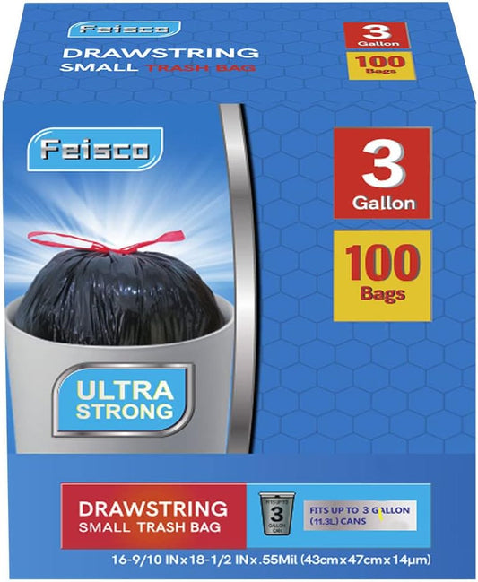 Feisco 3 Gallon Black Trash Bag,Small Drawstring Garbage Bag Trash Can Liner,100 Counts,0.55 Mil