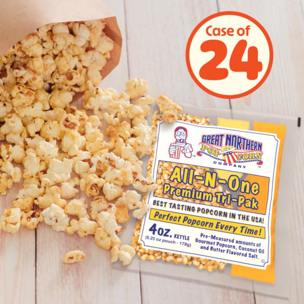 4oz Popcorn Machine Popcorn Packets - All-in-One Movie Theater Style Popcorn Kernels, Salt, and Oil Packs by Great Northern Popcorn (24 Case)