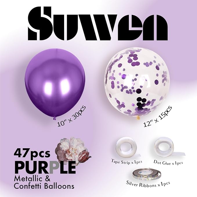 SUWEN Purple Metallic Balloons and Confetti Balloons Set 47PCS Latex Helium Chrome Dark Purple Balloon for Birthday Graduation Anniversary Party Decorations