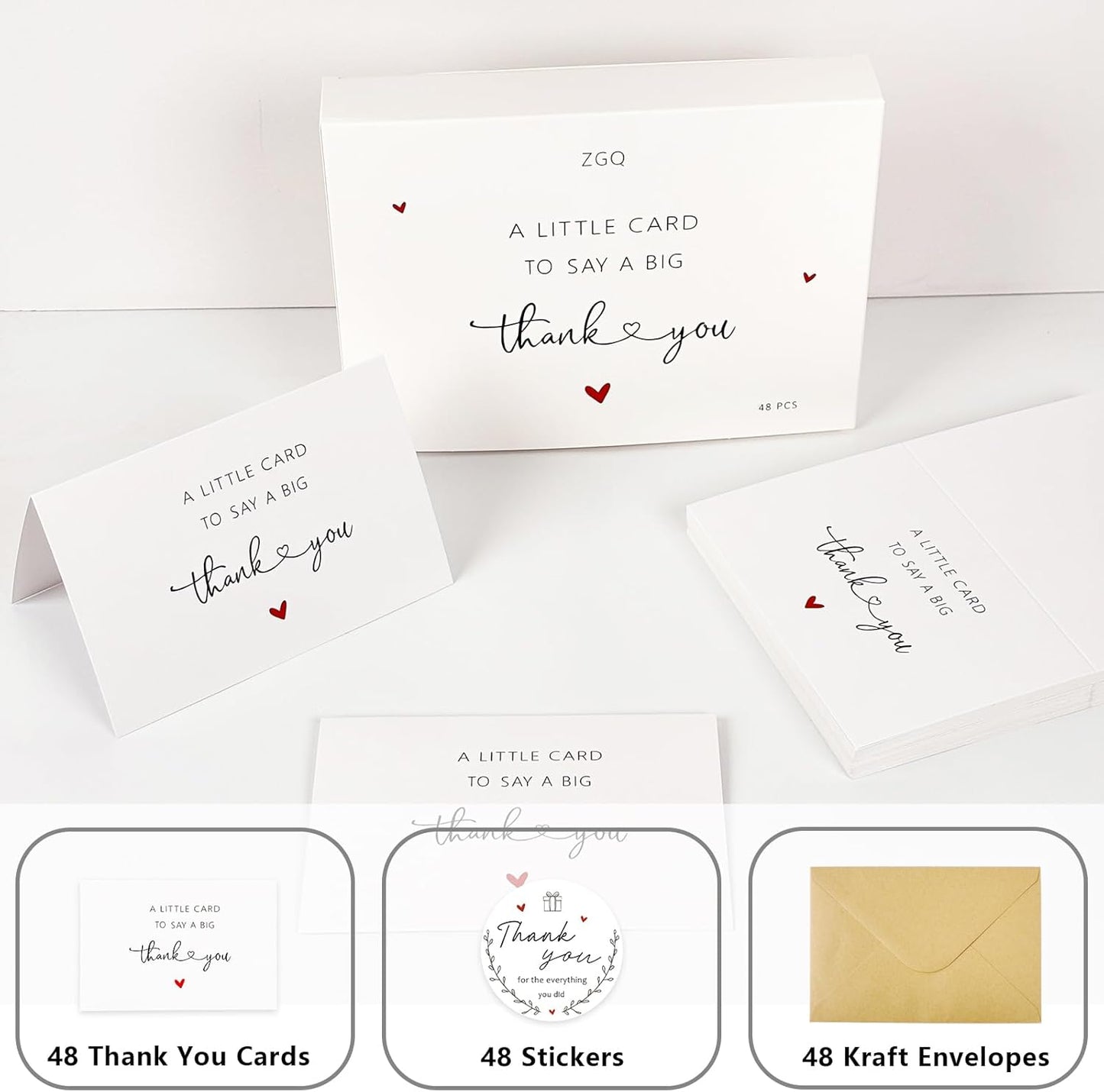 48 Pack Thank You Cards with Envelopes & Stickers, 4×6 Cute Blank Greeting Cards for Baby Shower & Wedding，Boxed Bulk Thank You Notes for Graduation Teachers Business Coworker Employee Appreciation