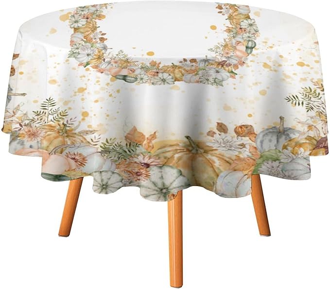 YCness Fall Tablecloth Thanksgiving Autumn Harvest Orange Watercolor Pumpkin Leaves Table Cover for Party Picnic Dinner Decor 70x70 Inch Round