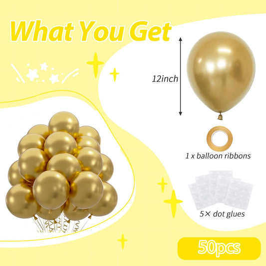 50pcs Metallic Gold Balloons, Helium Quality 12inch Chrome Gold Latex Balloons for Balloon Garland Arch As Wedding Graduation Birthday Party Decoration (with Ribbon & Glue)
