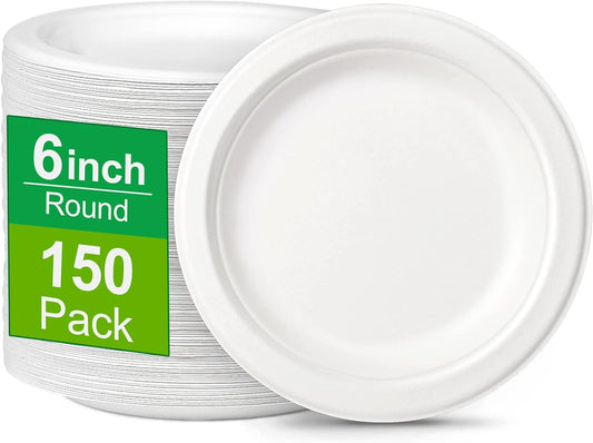 150 Pack Compostable Eco-friendly Plates: Small, White Plates (6 inch), Perfect for Dessert, Cake, Appetizer