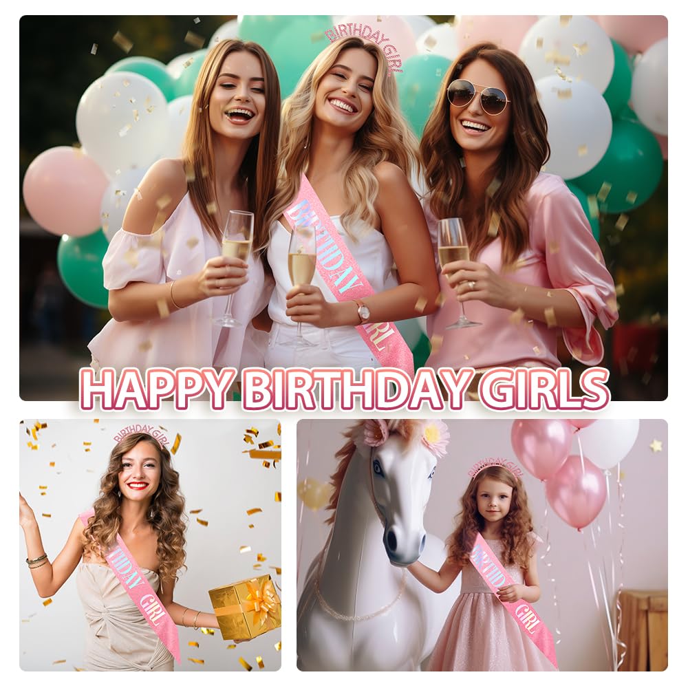 Birthday Sash Birthday Crown for Women, Birthday Girl Sash, Birthday Girl Crown, Glitter Pink Birthday Sash and Crown Rhinestone Headband Set, Happy Birthday Girl Princess Tiara Sash Accessories