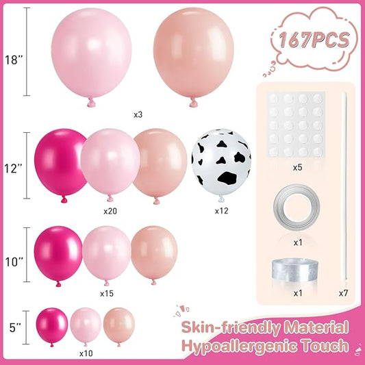 Pink Cow Print Ballon Garland Arch Kit, 167Pcs Blush Hot Pastel Pink Latex Balloons for Girl Farm Birthday Cowgirl Last Rodeo Bachelorette Party Decorations