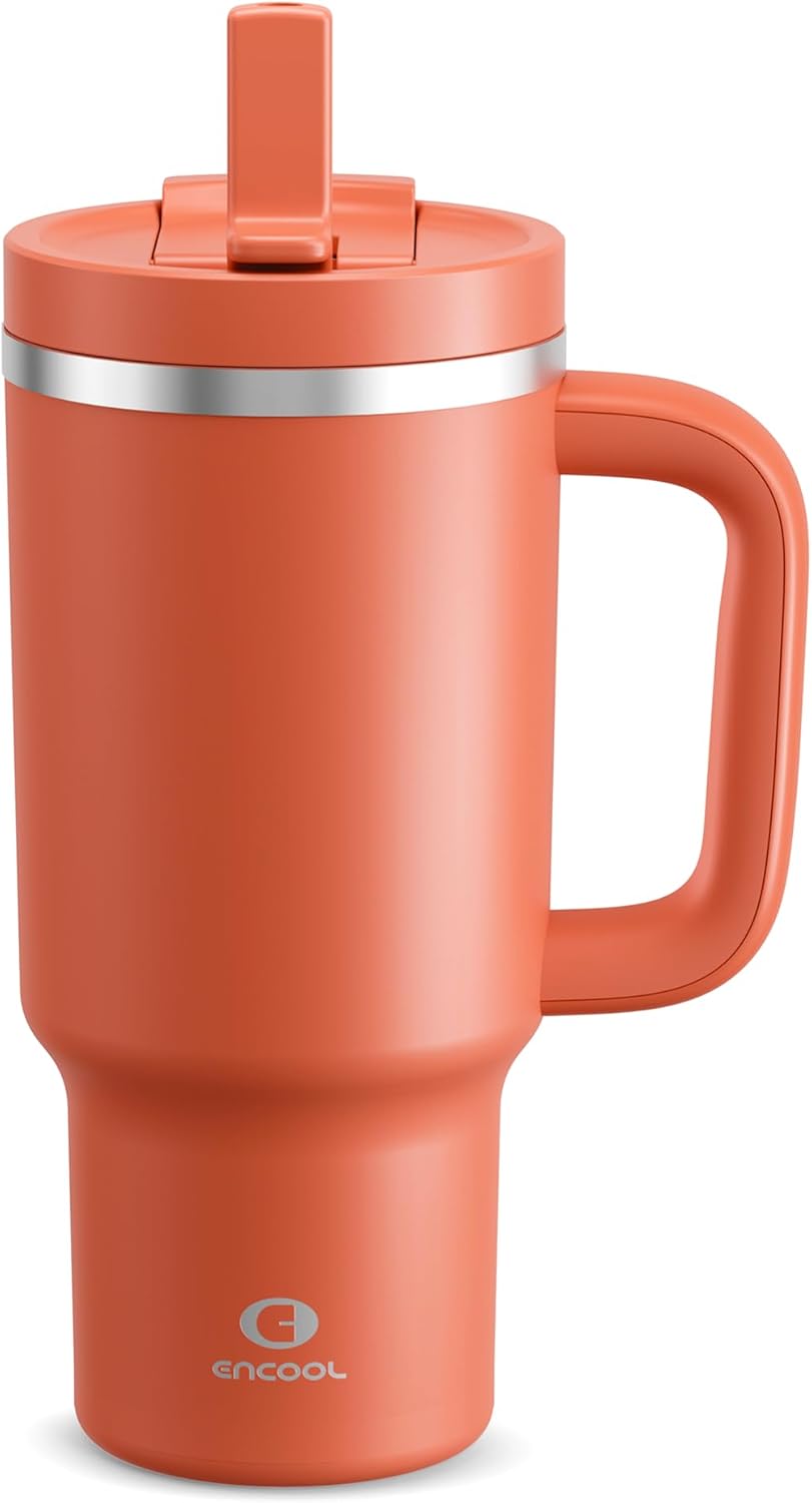 ENCOOL 32 oz Tumbler with Handle and Straw: Stainless Steel Insulated Tumbler Keeps Cold for 24 Hours, Leakproof Travel Cup Fits in Cup Holder and BPA-Free,Tawny Orange