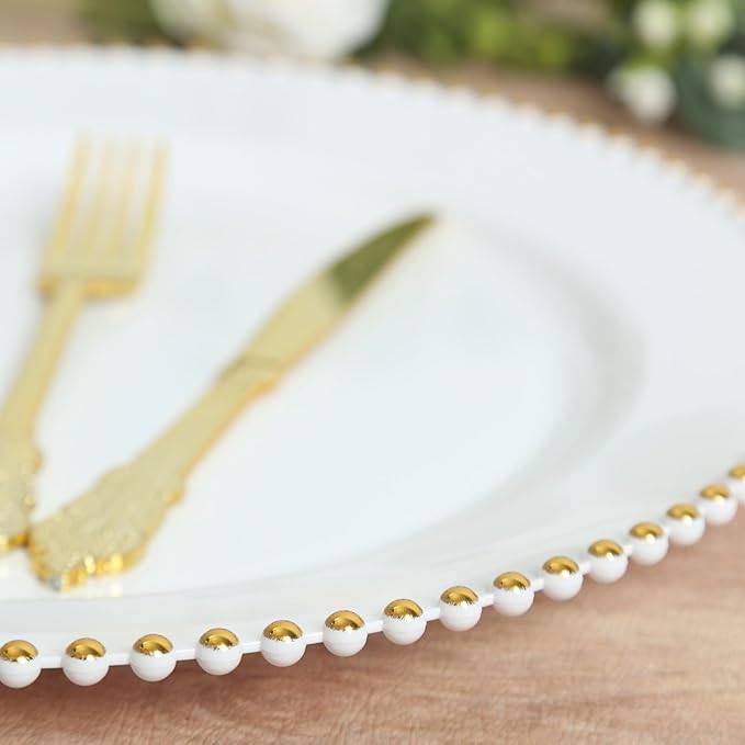 Efavormart 10-Pack Economy Plastic Charger Plates 13" Round White with Gold Beaded Rim - Stylish Dinner Party Serving Plates