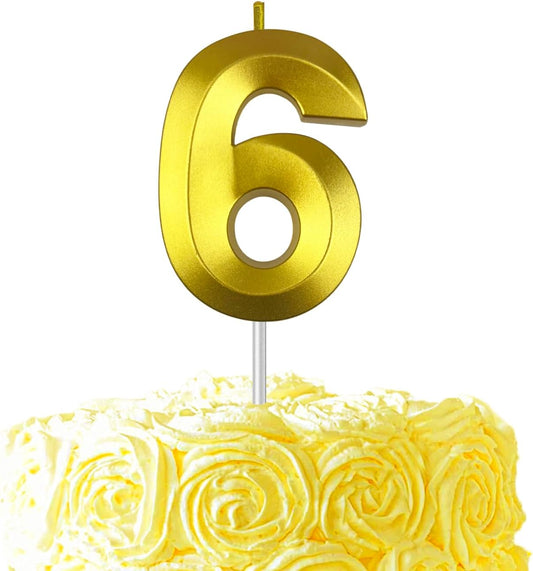 Gold Number 6 Candles, 3D Diamond 2.76 Inch Cake Topper Birthday Candles for Wedding Anniversary Cake Decorations, Happy Birthday Party Decorations