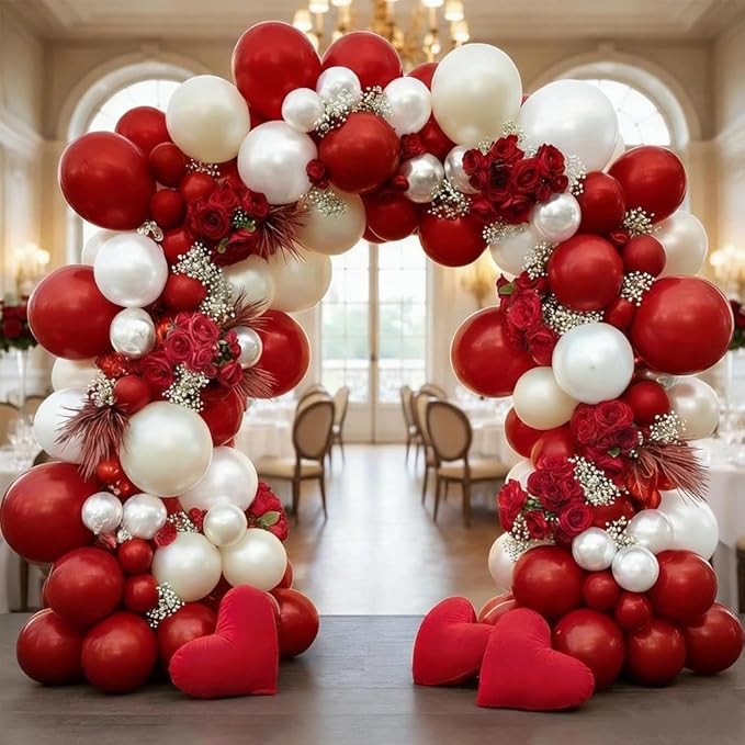 Red White Balloon Garland Double Stuffed Dark Red Pearl White Balloon Arch Kit Burgundy Balloons for Birthday Wedding Bridal Shower Engagement Mother's Day Graduation Party Decor