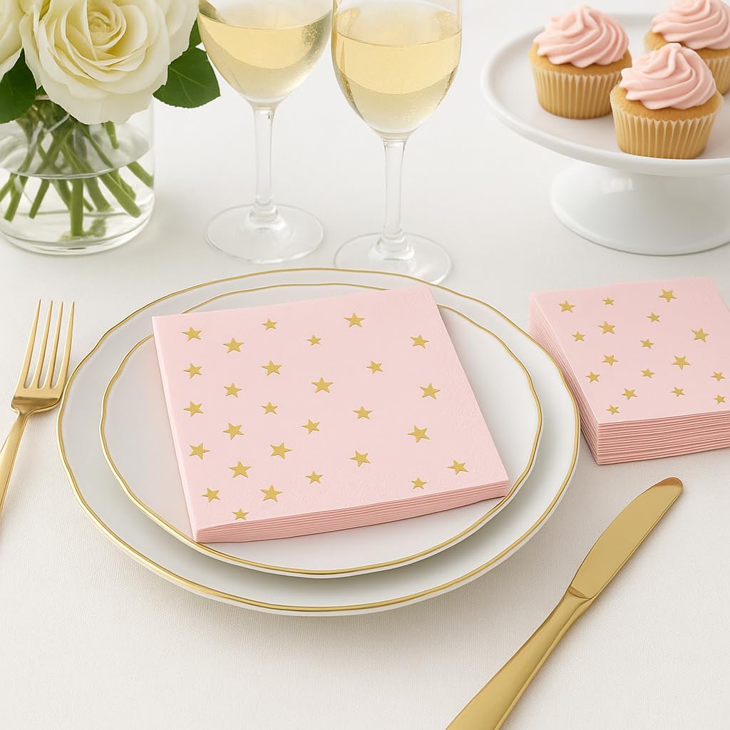 100 Pink Cocktail Napkins with Gold Foil Stars - Elegant 2- Ply Disposable Beverage Napkins for Weddings, Birthdays, Baby Showers, Bridal Parties & Events