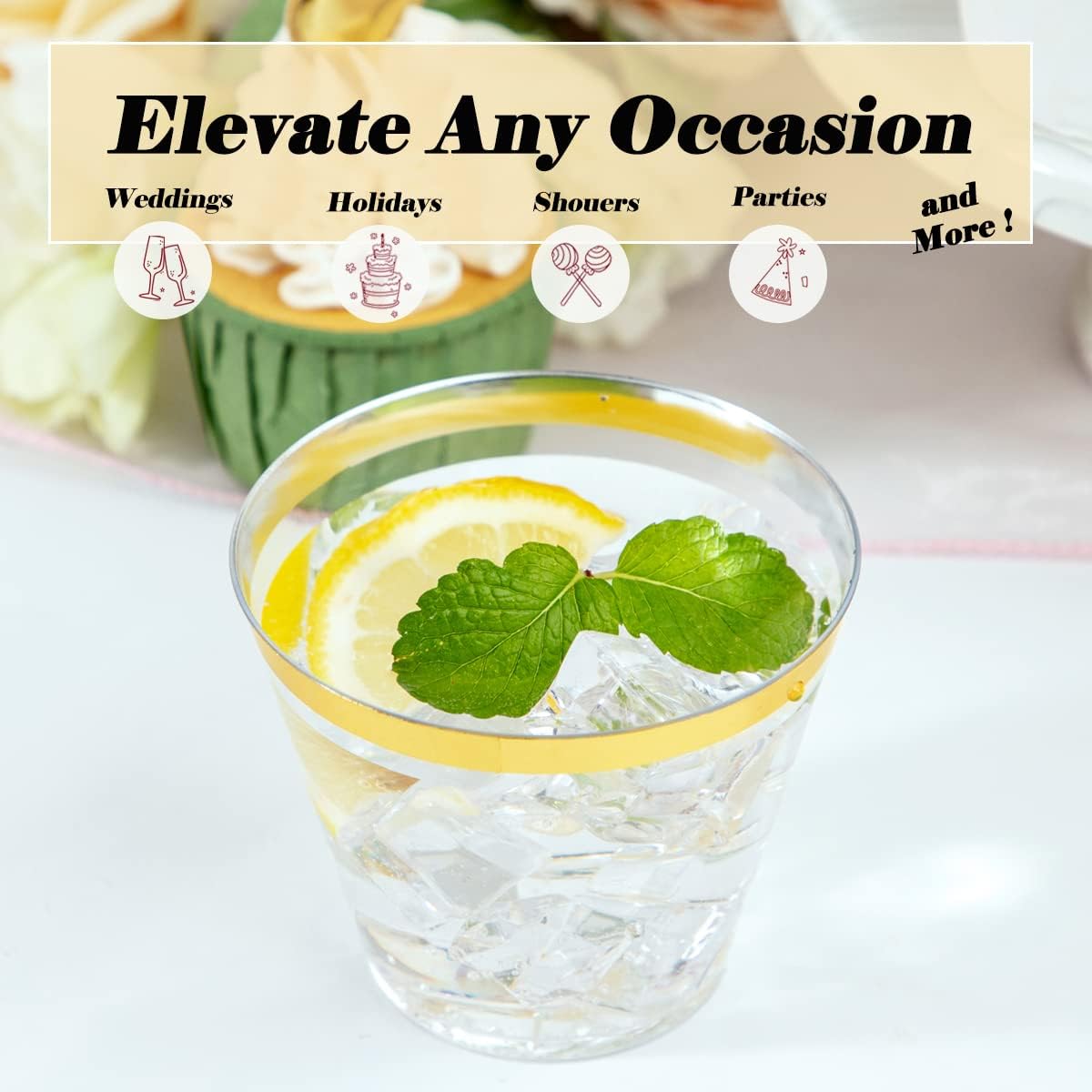 WDF 200 Pack Gold Plastic Cups - 9 Oz Elegant Clear Plastic Cups Gold Rimmed - Fancy Disposable Party Cup Wedding Cup Drinking Tumblers Cocktail Glasses for Thanksgiving