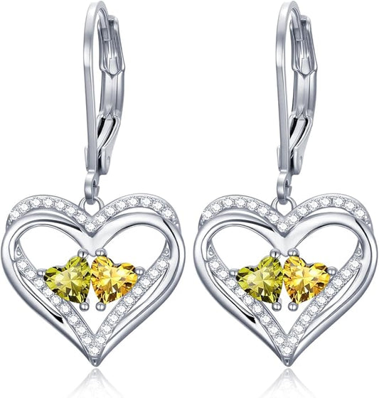 Valentines Day Gifts for Women, Heart Leverback Earrings Double Birthstone Dangle Earrings for Women, Love Jewelry for Her, Anniversary Birthday Gift for Mom Wife Girlfriend