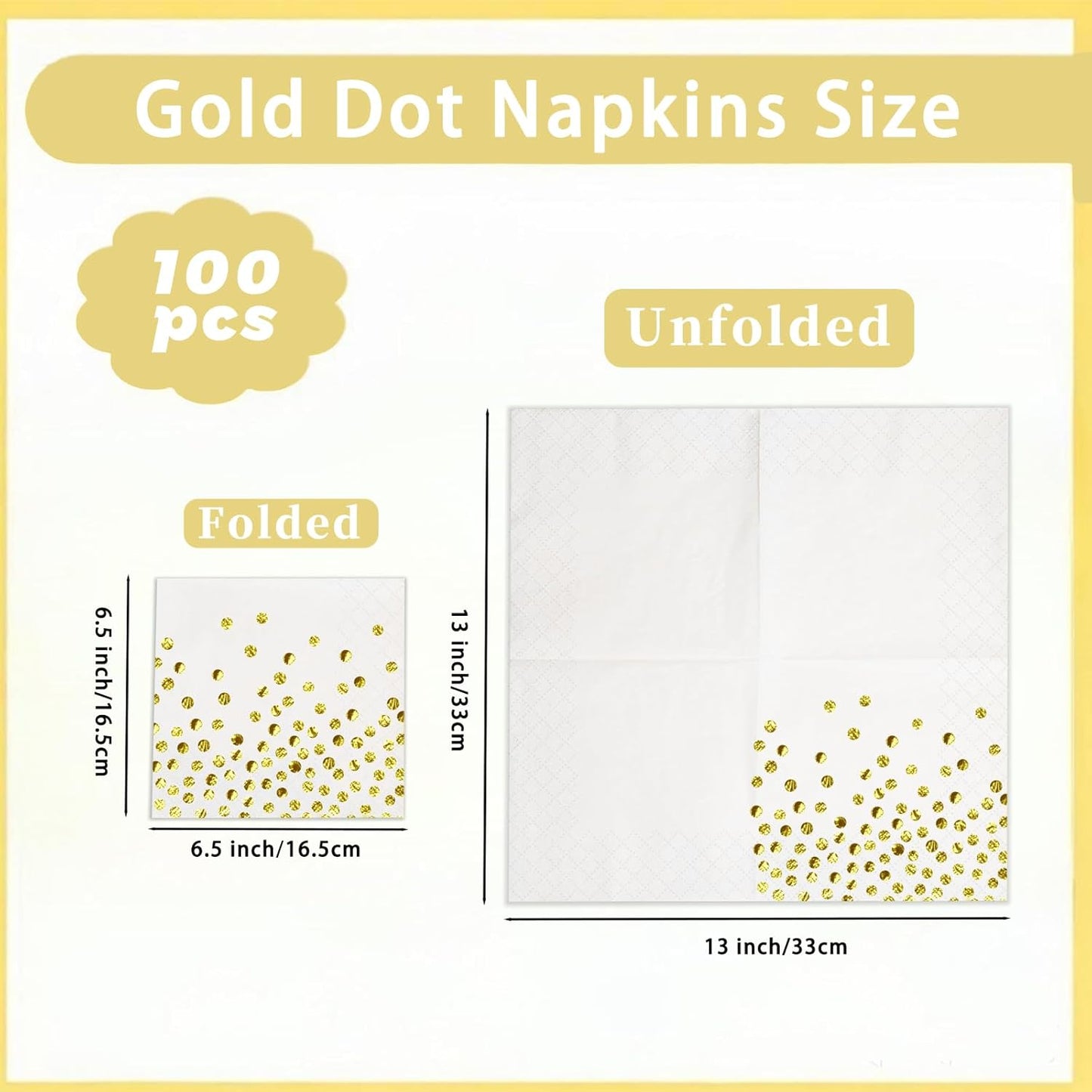 100 Pcs 6.5x6.5 Inch Disposable White Gold Paper Napkins for Cocktail