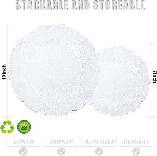U-QE 60 Pieces Clear Plastic Plates for Party - Disposable & Reusable - Reef Disposable Plates - Premium Hard Plastic Plates for Wedding - Including 30 Dinner Plate 10 '' & 30 Dessert Plate 7 ''